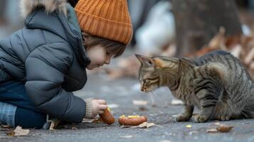 AI generated A young girl feeds a sausage to a homeless cat on the street photo