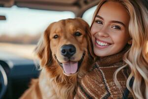 ai generado un joven hermosa familia es sentado en un coche con su mullido dorado perdiguero perro foto