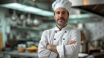 ai generado un adulto hermoso Español cocinero soportes con un cruzado manos y mira a el cámara foto