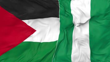 Palestina e Nigéria bandeiras juntos desatado looping fundo, em loop colisão textura pano acenando lento movimento, 3d Renderização video
