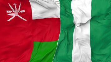 Oman and Nigeria Flags Together Seamless Looping Background, Looped Bump Texture Cloth Waving Slow Motion, 3D Rendering video