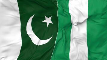 Pakistan and Nigeria Flags Together Seamless Looping Background, Looped Bump Texture Cloth Waving Slow Motion, 3D Rendering video