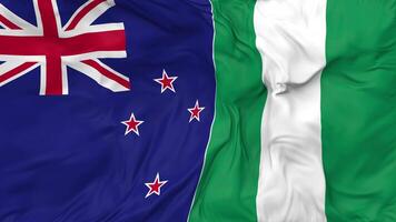 New Zealand and Nigeria Flags Together Seamless Looping Background, Looped Bump Texture Cloth Waving Slow Motion, 3D Rendering video