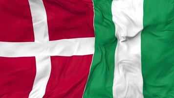 Denmark and Nigeria Flags Together Seamless Looping Background, Looped Bump Texture Cloth Waving Slow Motion, 3D Rendering video