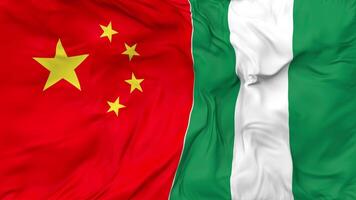 China and Nigeria Flags Together Seamless Looping Background, Looped Bump Texture Cloth Waving Slow Motion, 3D Rendering video