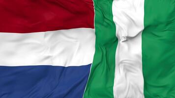 Netherlands and Nigeria Flags Together Seamless Looping Background, Looped Bump Texture Cloth Waving Slow Motion, 3D Rendering video