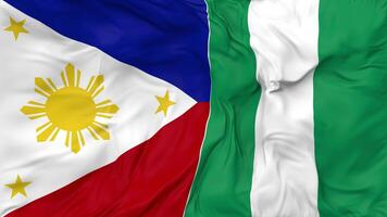 Philippinen und Nigeria Flaggen zusammen nahtlos Schleifen Hintergrund, geloopt stoßen Textur Stoff winken schleppend Bewegung, 3d Rendern video