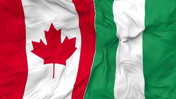 Canadá y Nigeria banderas juntos sin costura bucle fondo, serpenteado bache textura paño ondulación lento movimiento, 3d representación video
