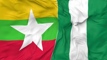 Myanmar, Burma and Nigeria Flags Together Seamless Looping Background, Looped Bump Texture Cloth Waving Slow Motion, 3D Rendering video