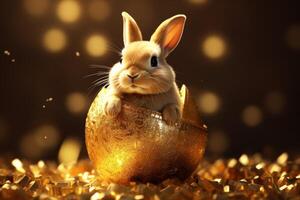 Rabbit Sitting Inside of a Golden Egg photo
