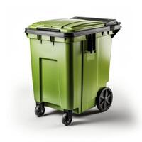 AI generated Green Trash Can With Wheels on White Background photo
