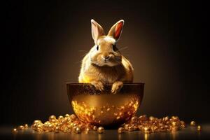 Rabbit Sitting in Gold Bowl photo