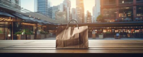 AI generated Brown Paper Bag on Wooden Table photo