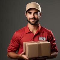 Man in Red Shirt Holding Box photo