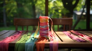 Stack of Ribbons on Wooden Table photo