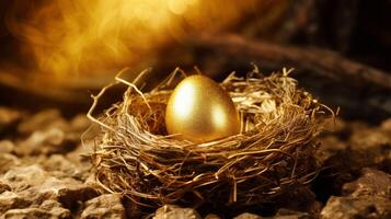 Two Golden Eggs in Nest on Rocks photo