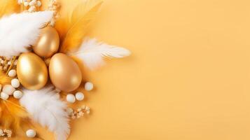 Yellow Background With White Feathers and Gold Eggs photo