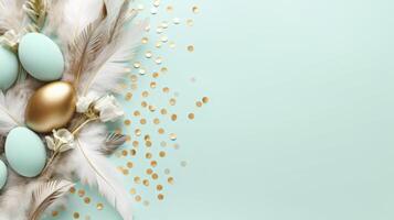 Blue and Gold Background With Feathers and Eggs photo