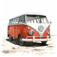 AI generated Orange and White VW Bus Parked on Beach photo