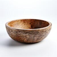 AI generated Wooden Bowl on White Table photo