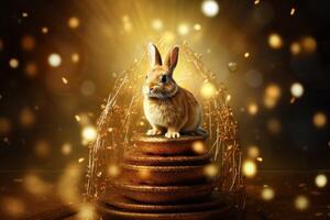 Rabbit Sitting on Pile of Coins photo