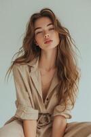 AI generated Photo of a beautiful model girl in beige clothes for advertising