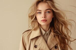 AI generated Photo of a beautiful model girl in beige clothes for advertising