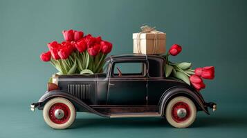 AI generated Decorative Vintage Car with Tulips and Gifts for March 8 on a Green Background in a Studio Setting photo