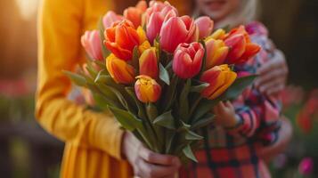 ai generado papá y hijo dar un ramo de flores de hermosa tulipanes a un mujer en un amarillo vestir foto