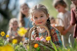 AI generated Children and adults eagerly preparing for an Easter egg hunt photo