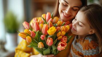 ai generado papá y hijo dar un ramo de flores de hermosa tulipanes a un mujer en un amarillo vestir foto