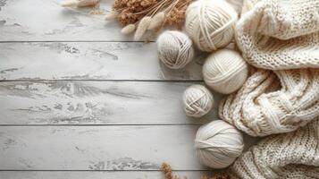 AI generated knitting advertisment background with copy space photo