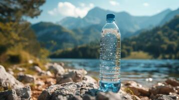 ai generado describiendo un botella de puro agua con un montañoso fondo foto