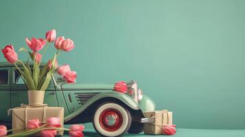 AI generated Decorative Vintage Car with Tulips and Gifts for March 8 on a Green Background in a Studio Setting photo