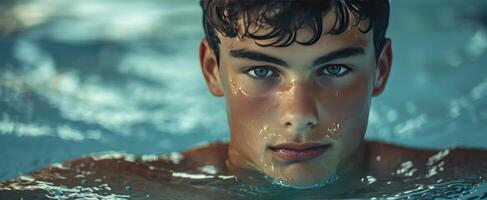 ai generado joven chico en el piscina mirando hacia el cámara foto