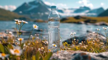 ai generado describiendo un botella de puro agua con un montañoso fondo foto