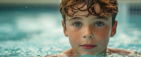 ai generado joven chico en el piscina mirando hacia el cámara foto