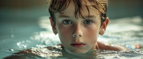 ai generado joven chico en el piscina mirando hacia el cámara foto