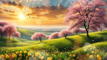 AI generated Nature scene with blooming tree and coloring Spring flowers background video