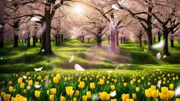 AI generated Nature scene with blooming tree and coloring Spring flowers background video