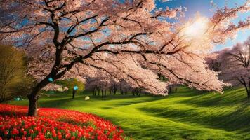 AI generated Nature scene with blooming tree and coloring Spring flowers background video