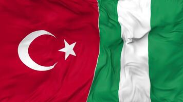 Turkey and Nigeria Flags Together Seamless Looping Background, Looped Bump Texture Cloth Waving Slow Motion, 3D Rendering video