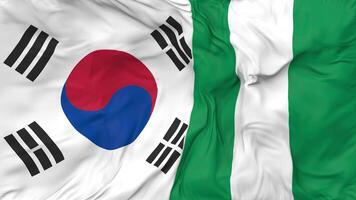 South Korea and Nigeria Flags Together Seamless Looping Background, Looped Bump Texture Cloth Waving Slow Motion, 3D Rendering video