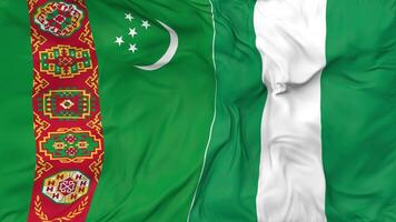 Turkmenistan and Nigeria Flags Together Seamless Looping Background, Looped Bump Texture Cloth Waving Slow Motion, 3D Rendering video
