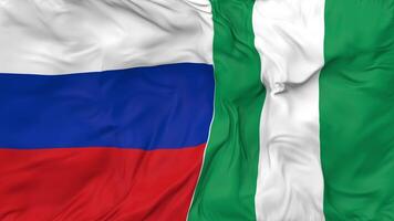 Russia and Nigeria Flags Together Seamless Looping Background, Looped Bump Texture Cloth Waving Slow Motion, 3D Rendering video