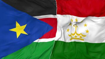 Tajikistan and South Sudan Flags Together Seamless Looping Background, Looped Bump Texture Cloth Waving Slow Motion, 3D Rendering video