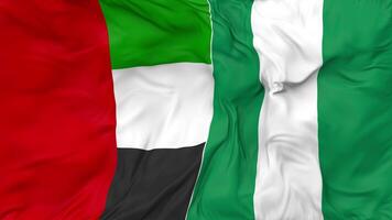 United Arab Emirates and Nigeria Flags Together Seamless Looping Background, Looped Bump Texture Cloth Waving Slow Motion, 3D Rendering video