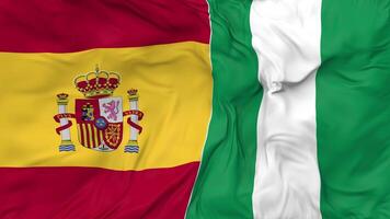 Spain and Nigeria Flags Together Seamless Looping Background, Looped Bump Texture Cloth Waving Slow Motion, 3D Rendering video