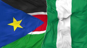 South Sudan and Nigeria Flags Together Seamless Looping Background, Looped Bump Texture Cloth Waving Slow Motion, 3D Rendering video