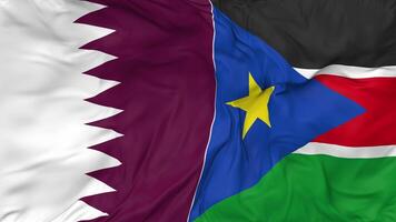 Qatar and South Sudan Flags Together Seamless Looping Background, Looped Bump Texture Cloth Waving Slow Motion, 3D Rendering video